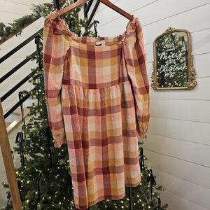 Loft Plaid Square Neck Babydoll Dress in the color "Strawberry Blossom" Sz XS